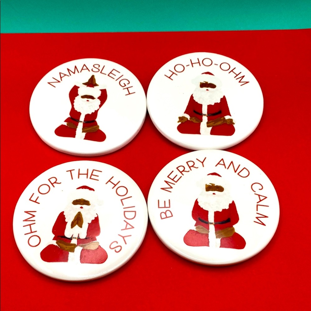NWOT Tis The Season To Breathe Yoga Festive Ceramic Santa Coasters Set